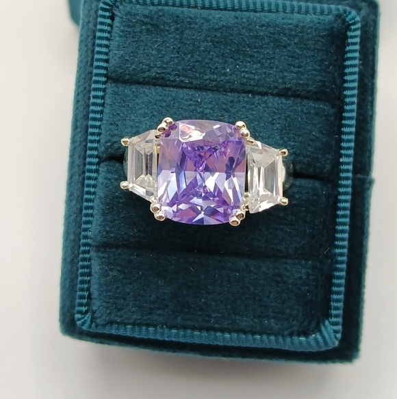Purple Swarovski Crystal Cushion Cut Ring Silver Tone Statement - Picture 7 of 12